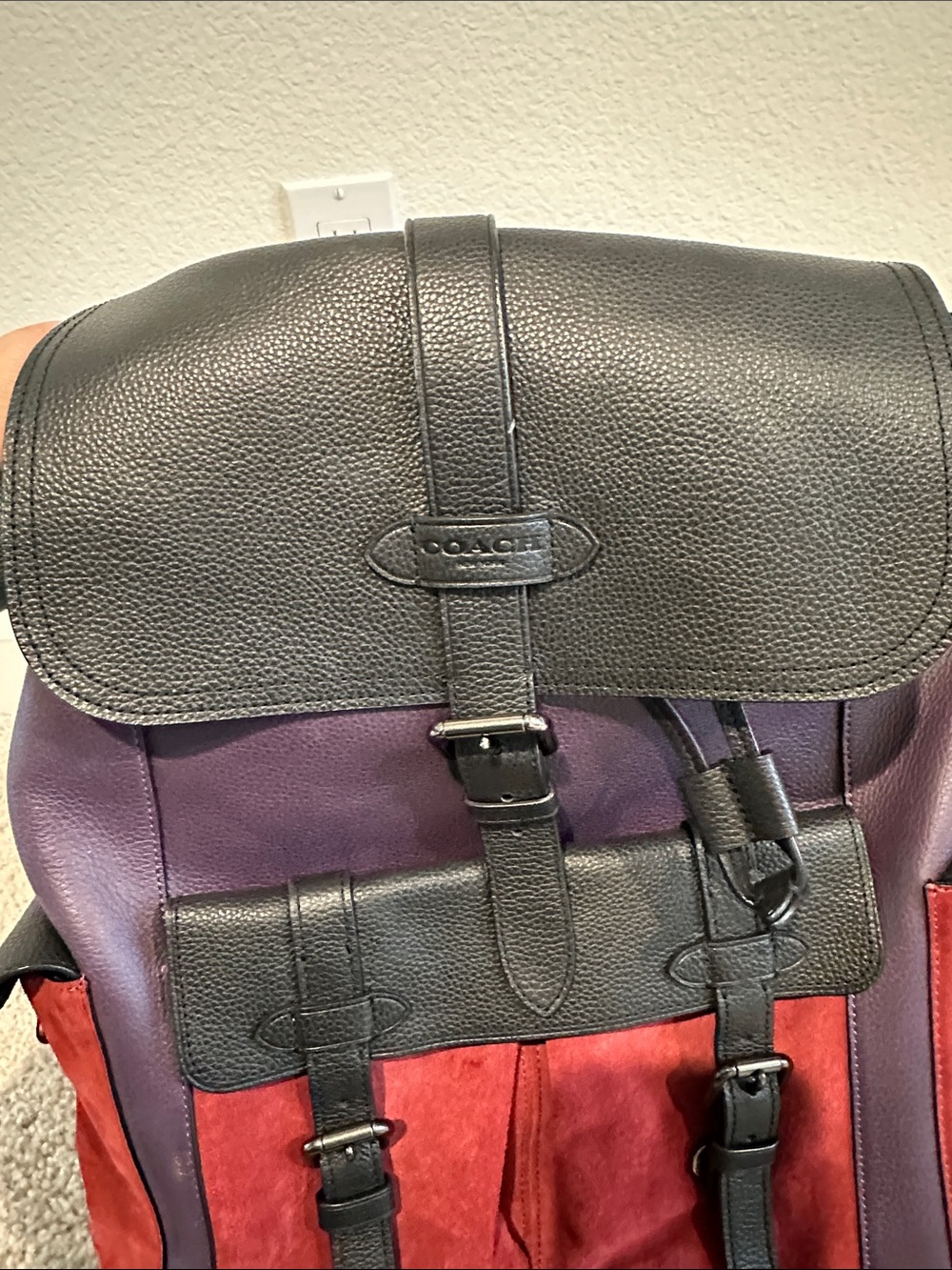 Coach Men's Black, Purple & Red Leather Suede Backpack - Picture 6 of 11